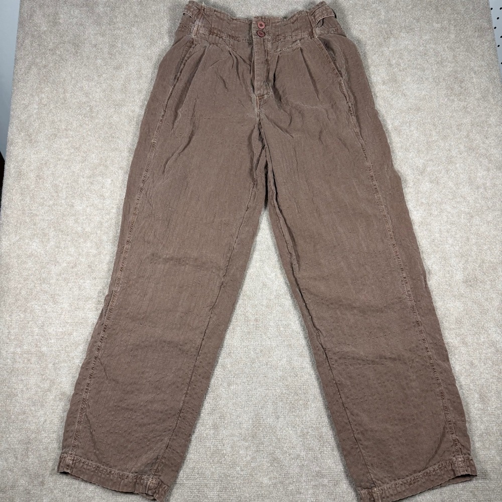 Free People Brown Linen Blend High Rise Pleated Textured Tapered Leg Pants Sz 2